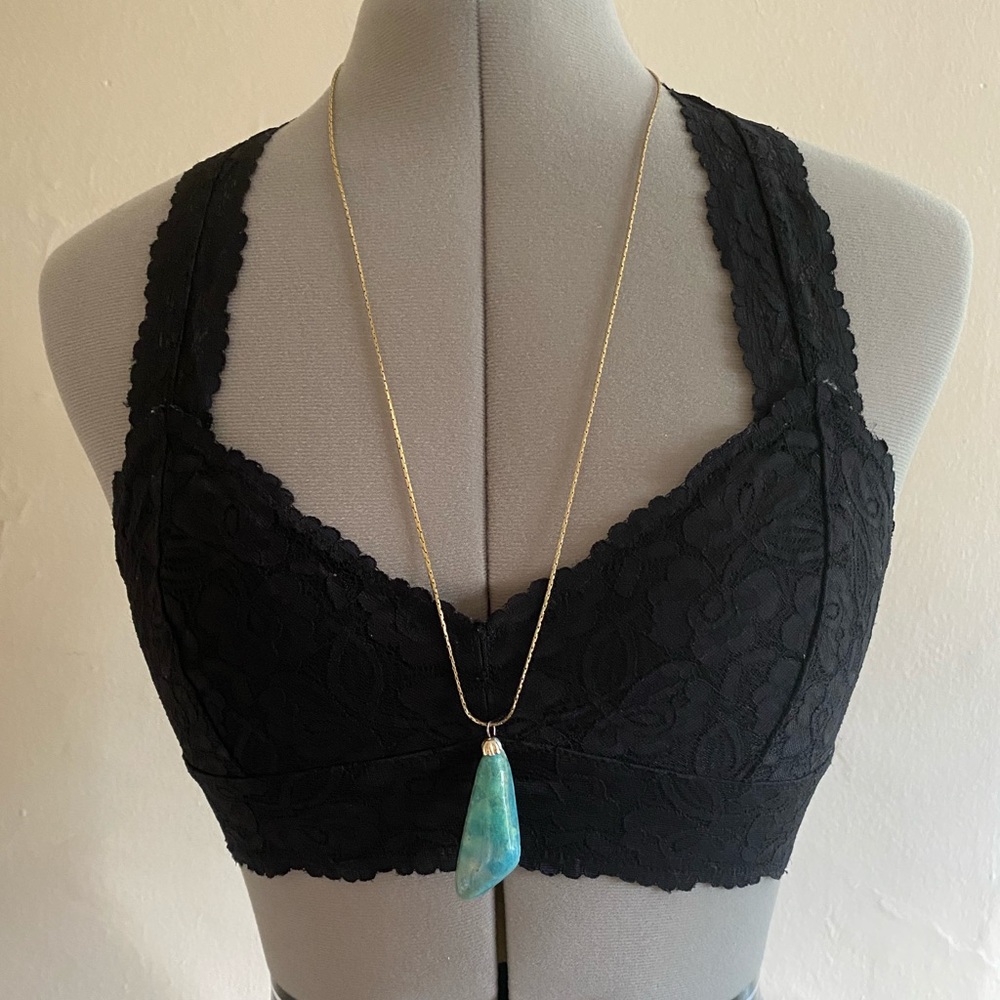 Vintage Turquoise Long Gold Tone Necklace with Clasp